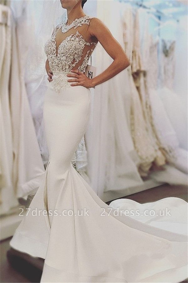 Elegant Sexy Mermaid Sleeveless Wedding Dresses UK Open Back Lace Wedding Dress Online