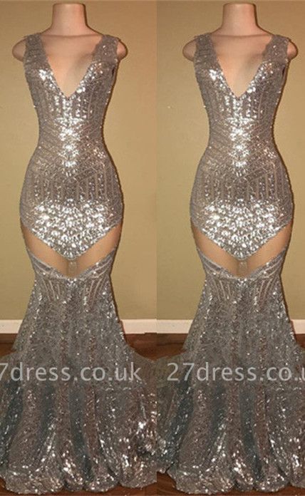 Silver Sequins Prom Dress UK | Mermaid V-Neck Evening Gowns