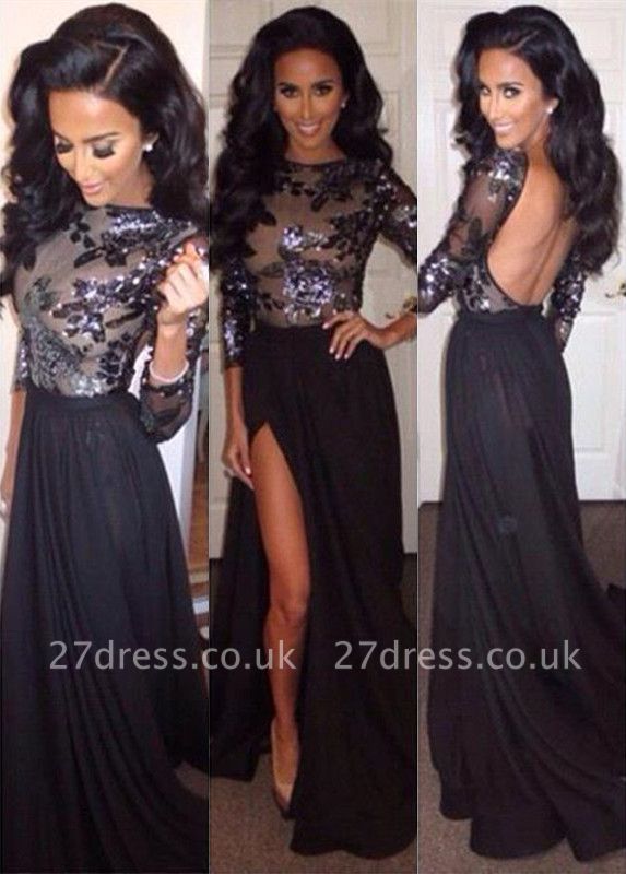 Elegant Chiffon Black Front Split Prom Dress UK Sequins Backless BK0
