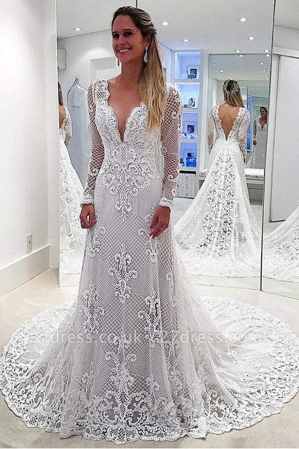 Delicate White Long Sleeve A-line Lace Wedding Dress | Sweep Train Bridal Gown