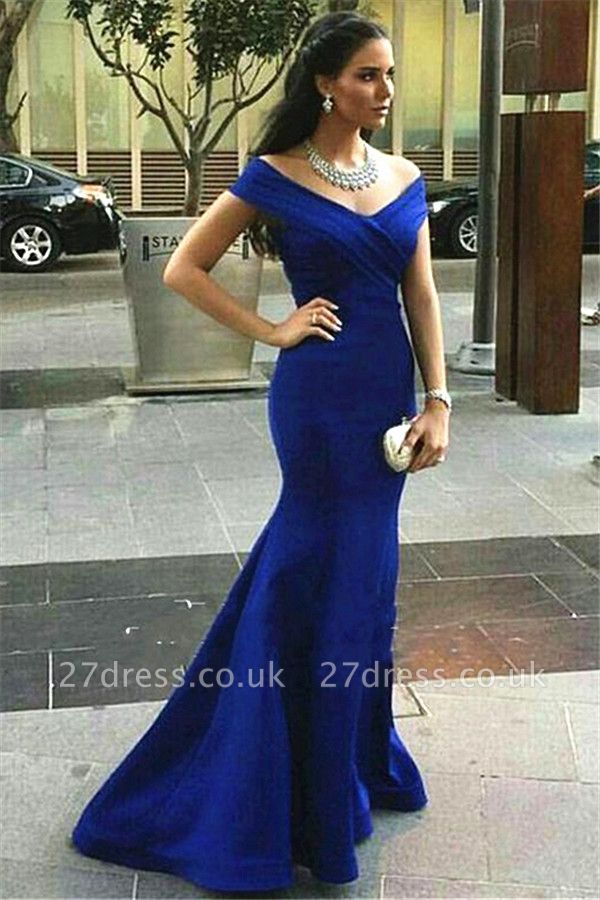 Sexy Royal Blue Mermaid Prom Dress UK Off-the-shoulder Sweep Train