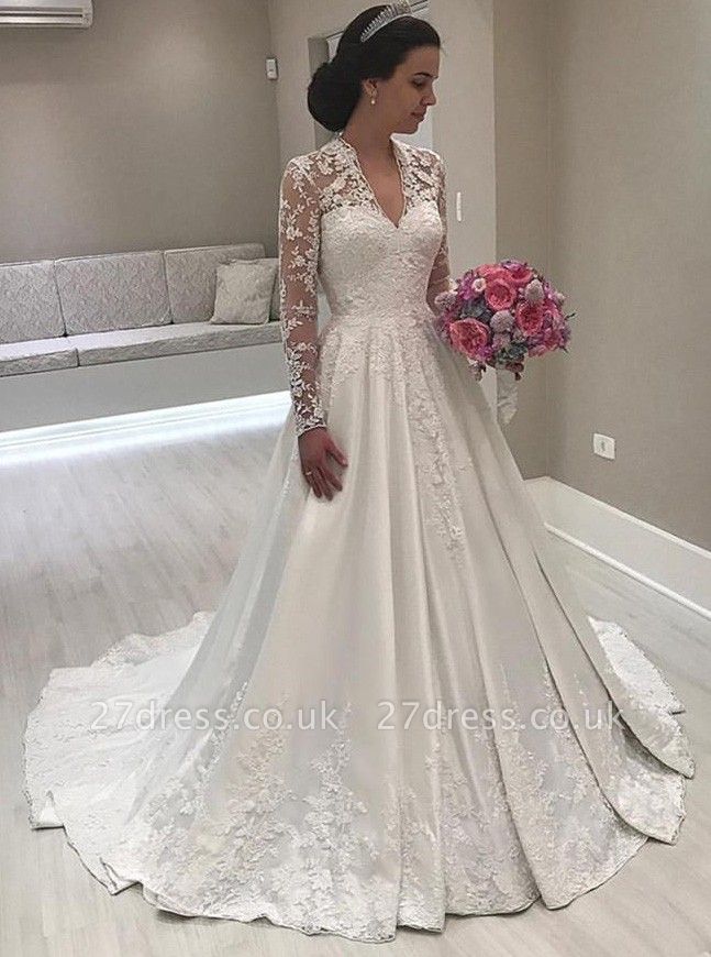 Princess Long Sleeve V-Neck Wedding Dress | 2019 Lace Bridal Gowns On Sale