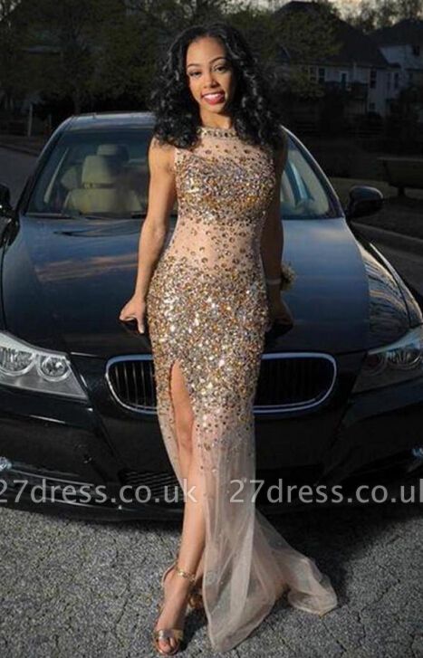 Luxurious Crystals Front Split Prom Dress UK Mermaid Jewel Sleeveless Sweep Train BK0