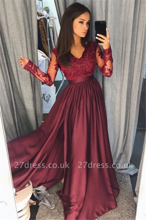Maroon Burgundy Long Sleeve Prom Dress UK Lace With Split