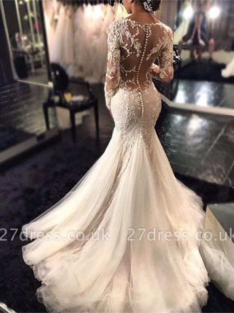 Elegant Long Sleeve Lace Wedding Dress Tulle Sexy Mermaid Zipper Button Back