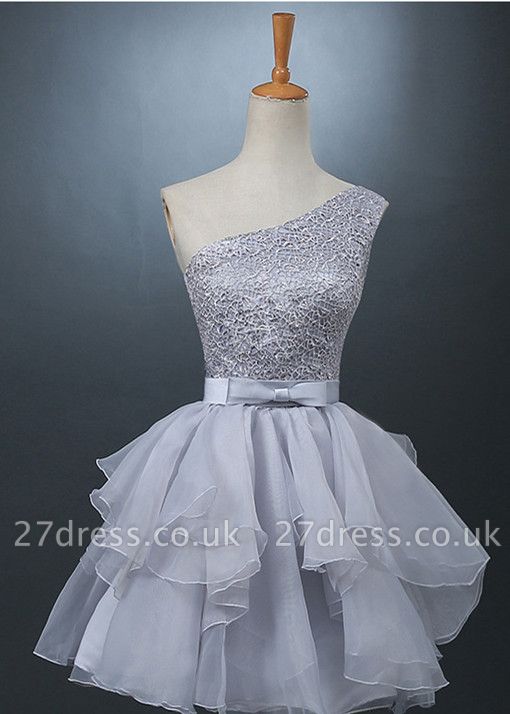 Lovely One-shoulder Short Chiffon Homecoming Dress UK Lace-up With Bowknot
