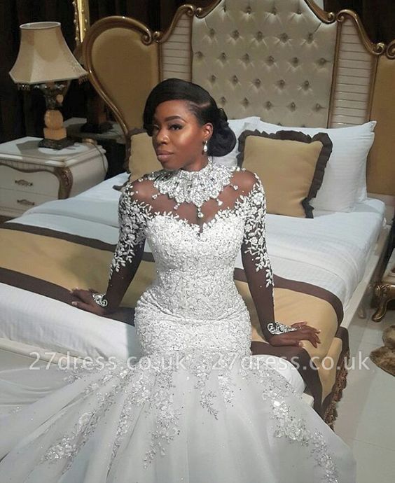 Gorgeous Beads Lace Appliques High Neck Wedding Dress |  Sexy Mermaid Bridal Dress