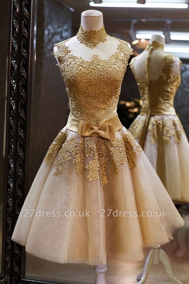 Luxury High Neck Sleeveless Golden Appliques Tulle Short Prom Dress UK