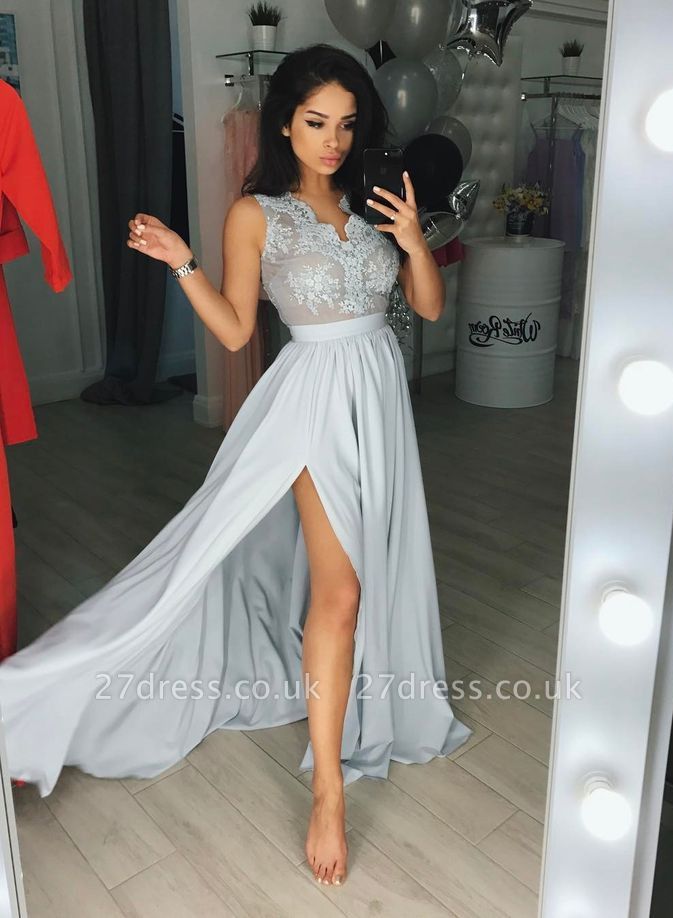Sexy Sleeveless Prom Dress UK Lace Split Chiffon Party Gowns BA7502