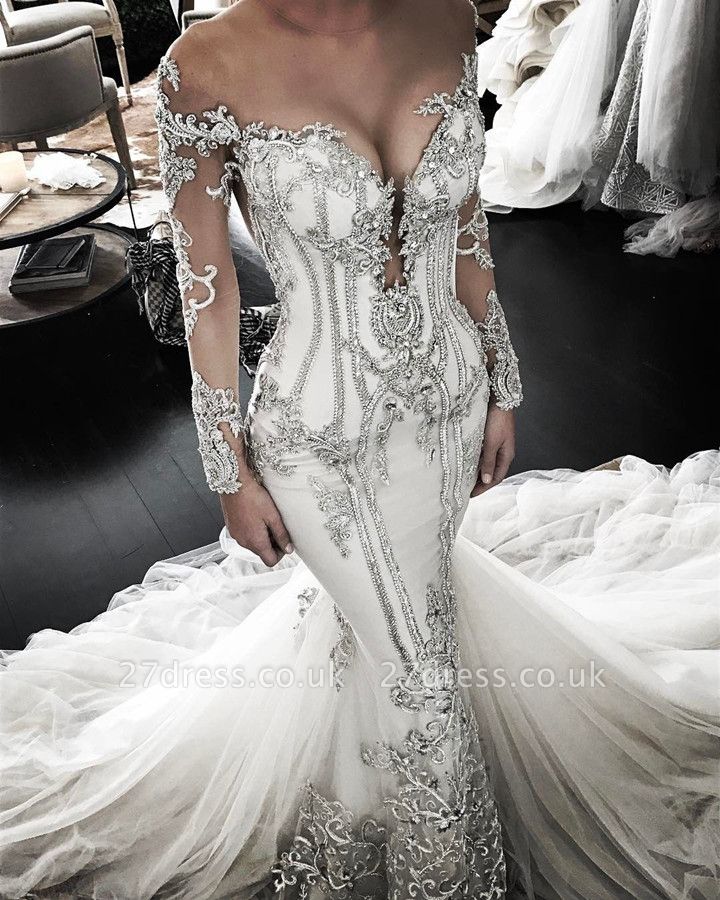 Delicate Lace Appliques Long Sleeve Wedding Dress | Sexy Mermaid Bridal Gown