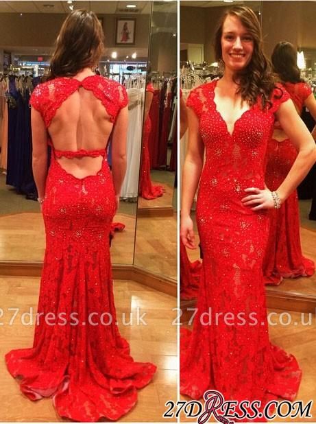Elegant Open-Back Lace Mermaid Long Ruby Evening Dress UKes UK