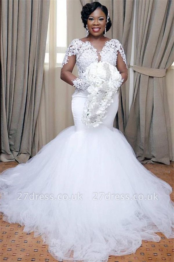 Elegant Sexy Mermaid Tulle Lace Wedding Dresses UK | Long Sleeves Bridal Gowns
