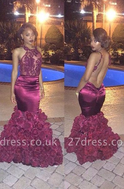 Luxury Halter Taffeta Evening Dress UK Mermaid Flowers On Sale BK0
