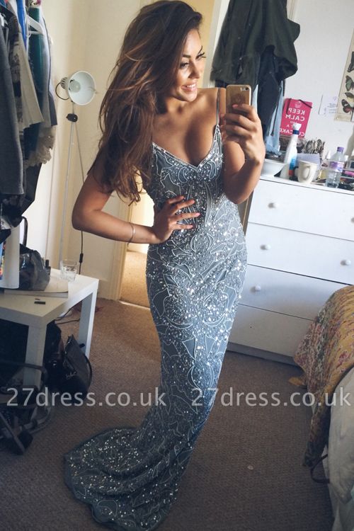 Stunning Spaghetti Starps Prom Dress UKes UK Long Beadings Appliques Party Gowns