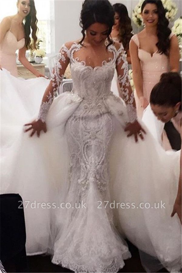 Elegant Long Sleeve Lace Wedding Dress Ruffles Overskirt