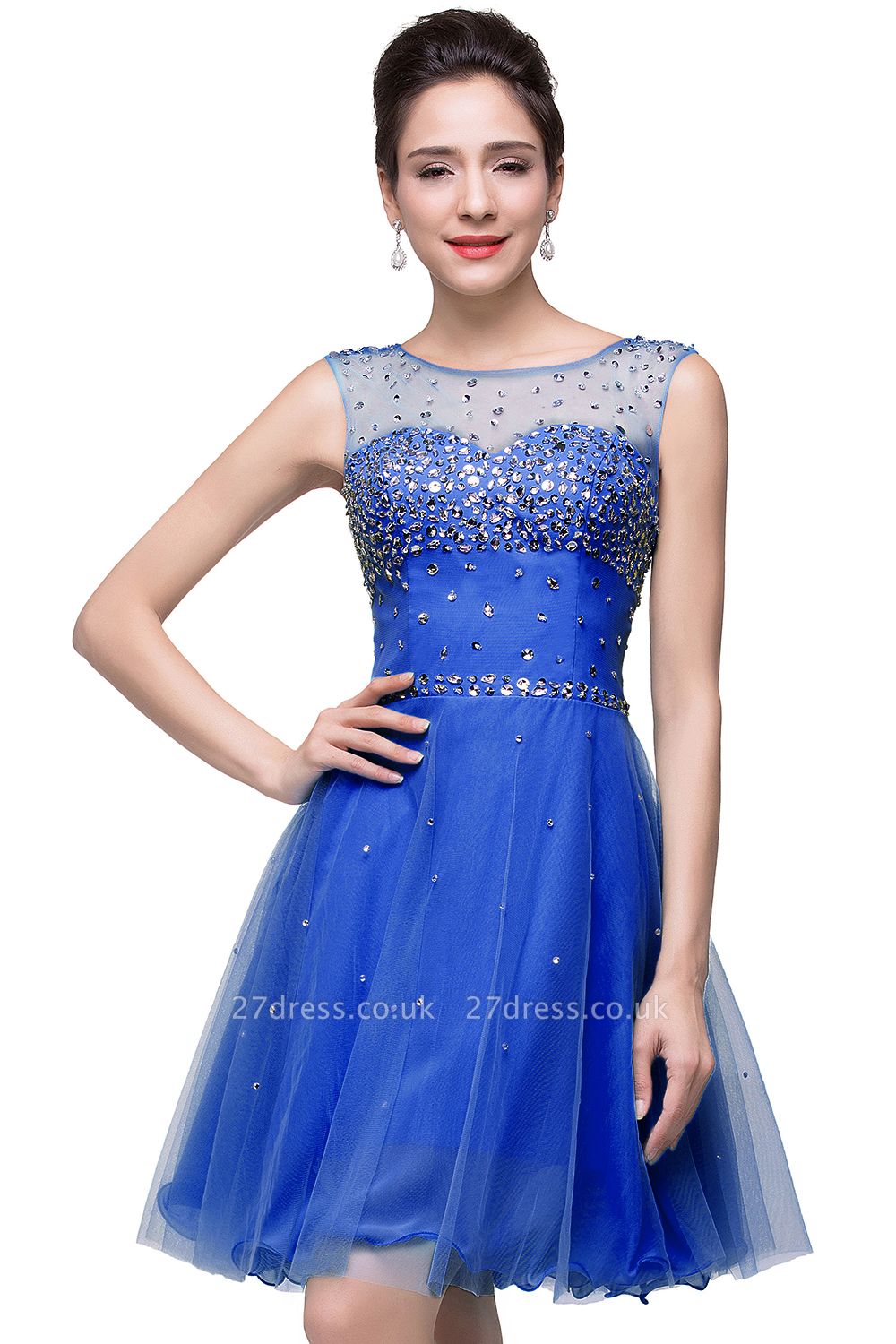 Luxurious Illusion Cap Sleeve Cocktail Dress UK Beadings Crystals Tulle Short Homecoming Gown CPS170