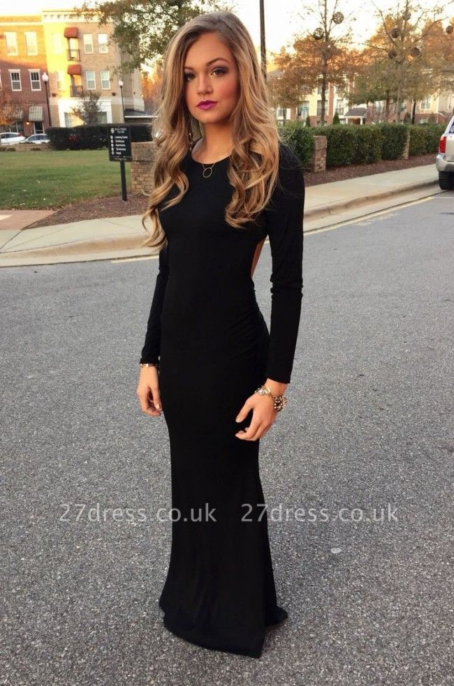 Elegant Black Long Sleeve Prom Dress Uk Mermaid Jewel Floor Length