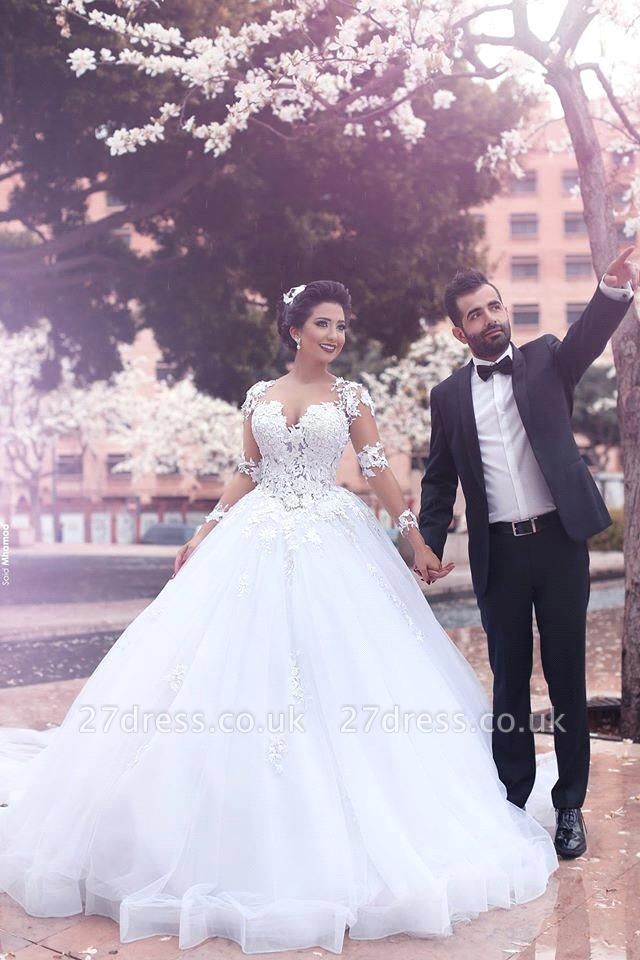 Chic Long Sleeve Lace Appliques Wedding Dress Tull Ball Gown