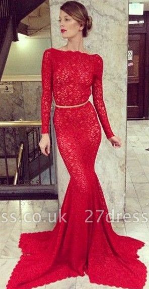Backless Lace Mermaid Prom Dress UKes UK Bateau High Neck Long Sleeve Sheer Sexy Party Gowns with Court Train