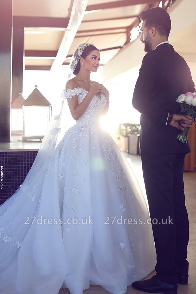 Elegant Off-the-Shoulder Wedding Dresses UK Open Back Appliques Bridal Gowns