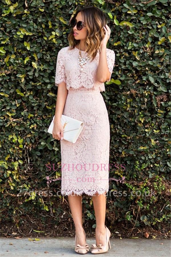Cute Two-Piece Short-Sleeve Fashion Pink Lace Short Homecoming Dress UKes UK BA6003