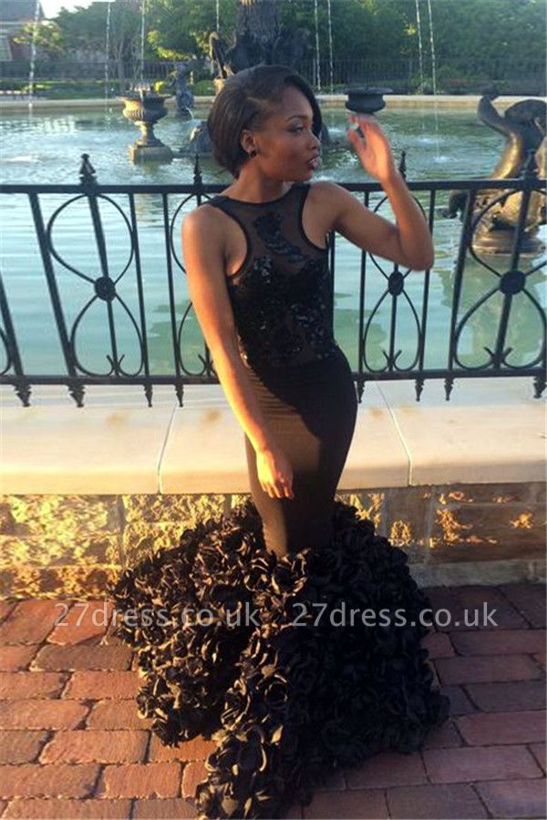Elegant Black Sleeveless Mermaid Prom Dress UK Floor Length Flowers Party Gowns BK0