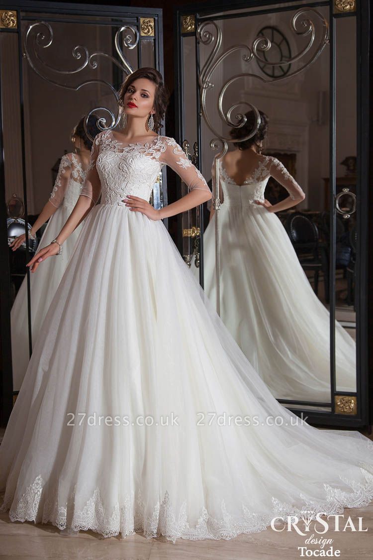 Elegant Illusion Half-sleeve Tulle Wedding Dress With Lace Appliques
