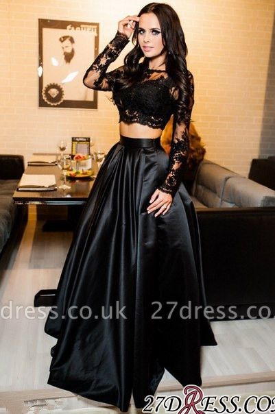 Two-Piece A-line Modern Long-Sleeve Black Lace Prom Dress UK BA7643