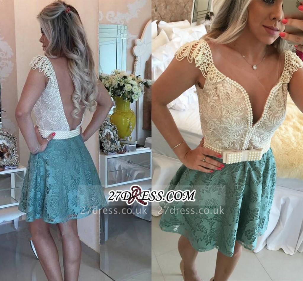 Backless Short Cap-Sleeves A-Line Beaded Lace Homecoming Dress UKes UK