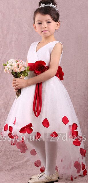 Lovely White and Red Hi-Lo Flower Girl Dress Waistband Flowers
