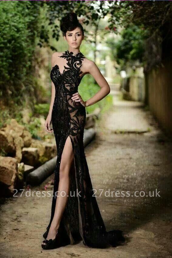 Elegant Black Prom Dress UK| Mermaid Evening Dress UK With Slit