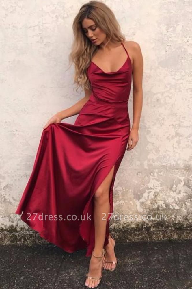 Elegant Red Sleeveless Spaghetti Strap Prom Dress UK Front Split Long Backless