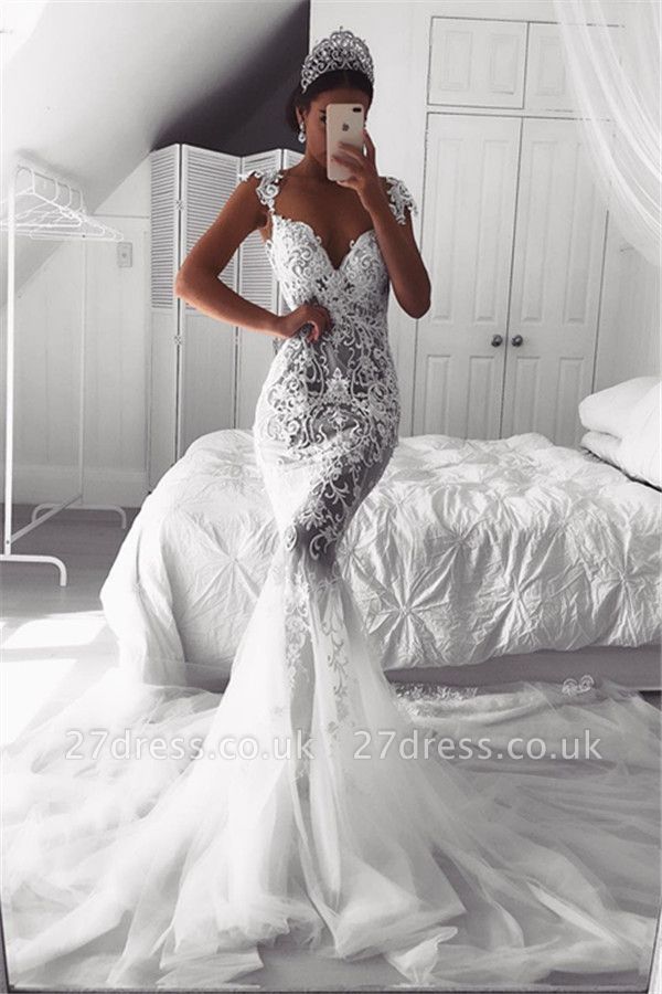 Sexy Mermaid Straps Wedding Dresses UK Sheer Tulle Sleeveless Appliques Bridal Gowns