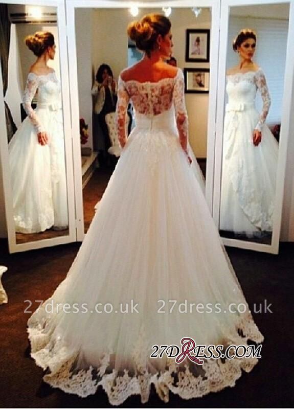 Long-Sleeve Tulle Off-the-shoulder Lace Bow Elegant Wedding Dress
