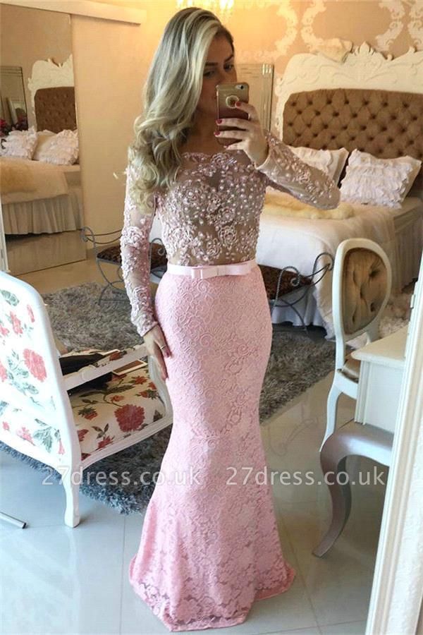 Modern Long Sleeves Pink Prom Dress UKes UK Mermaid Lace Floor Length