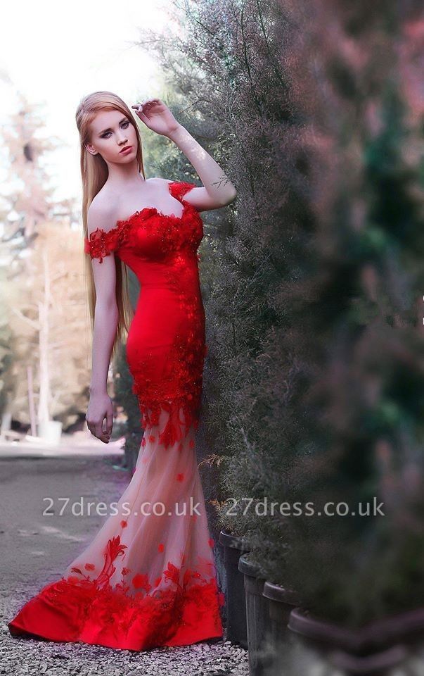 Luxury Red Off the shoulder Prom Dress UK Mermaid Sheer Skirt