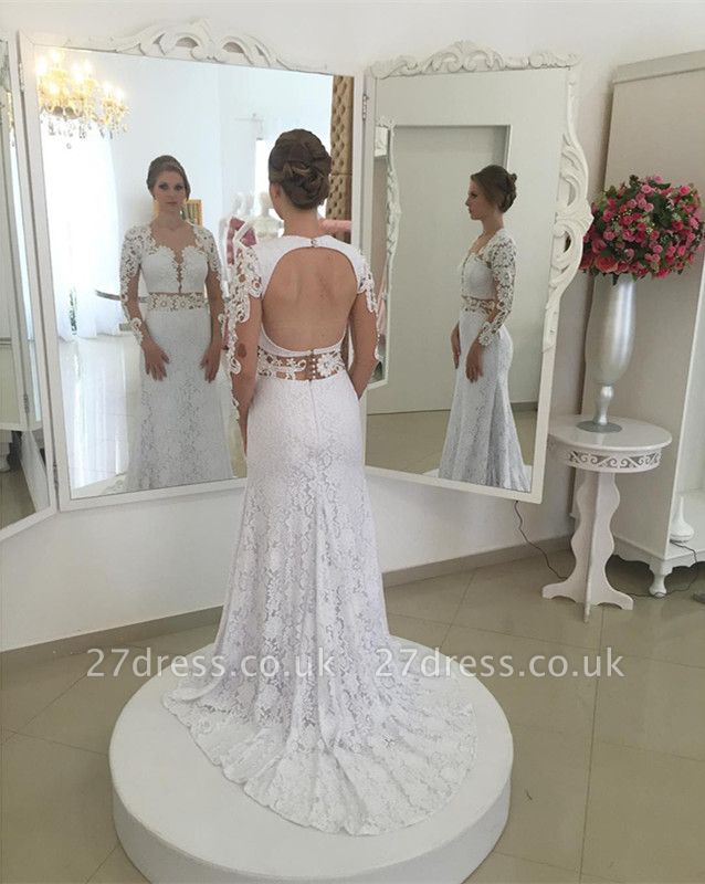 Lace Elegant Sexy Mermaid White Long-Sleeves Open-Back Appliques Wedding Dresses UK