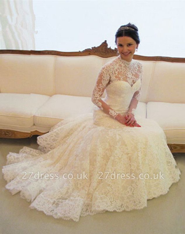 Gorgeous Long Sleeve lace Wedding Dress High-neck Open Back Zipper