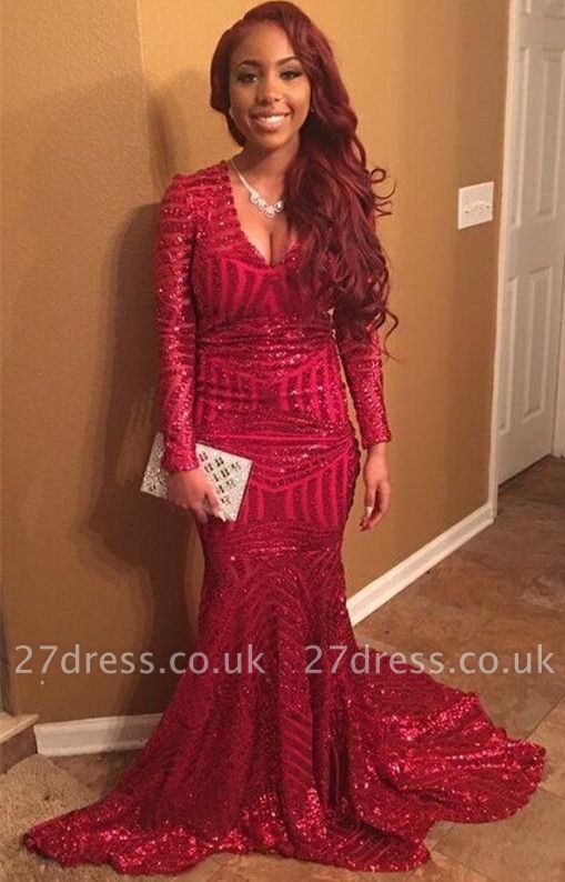 Elegant Red V-Neck Sequins Prom Dress UKes UK Long Sleeve Mermaid BK0