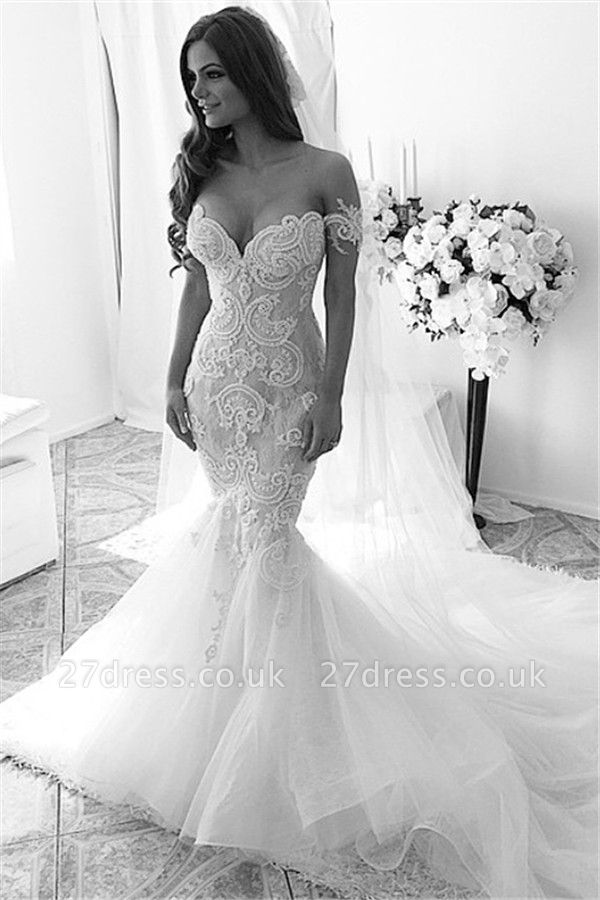 Off-shoulder Sexy Mermaid Tulle Wedding Dress With Lace Appliques Ruffles