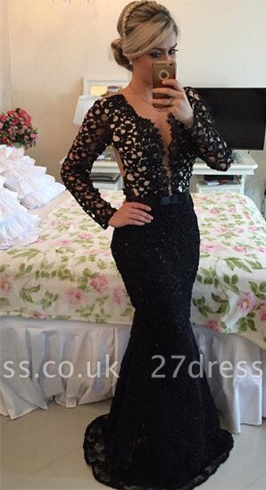 V-neck Black Lace Mermaid Prom Dress UK Long Sleeve BA2186