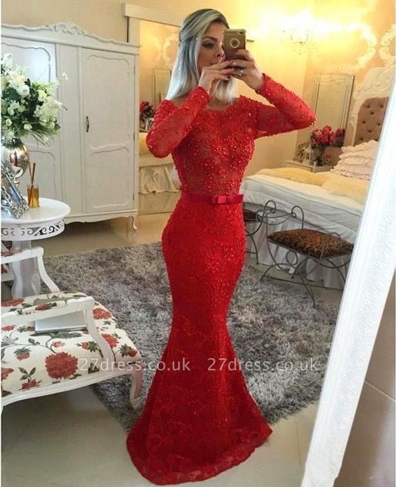 Gorgeous Jewel Mermaid Red Pom Dress UK Long Sleeve With Beadings