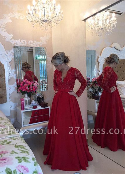 Delicate Red Chiffon Lace Prom Dress UK Pearls Long Sleeve BT0