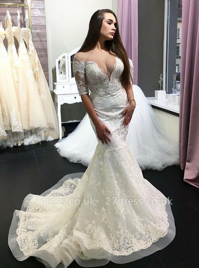 Elegant Short-Sleeve Lace Wedding Dress | Sexy Mermaid Bridal Gowns On Sale