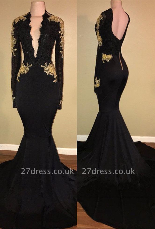 Elegant Black Prom Dress UK Mermaid Long Sleeve Evening Dress UK BA7942