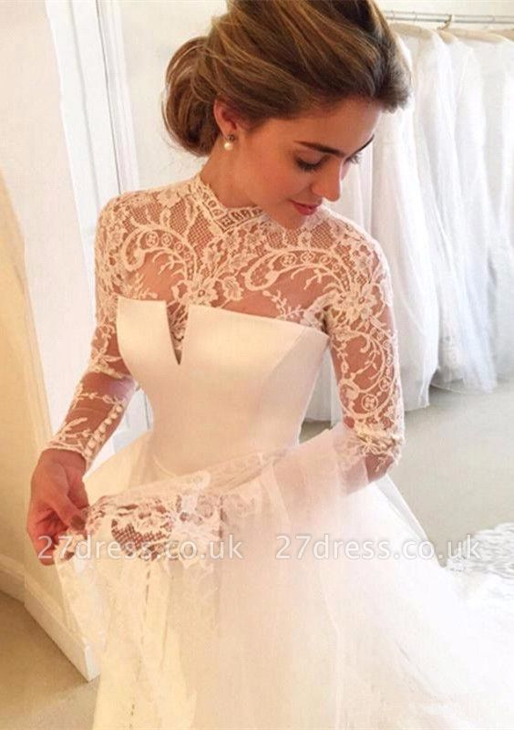 High-Neck Elegant A-line Long-Sleeve Lace Zipper Wedding Dress