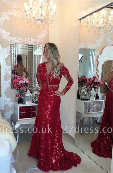 Gorgeous Red Mermaid Sequins Prom Dress UK Lace Appliques Backless