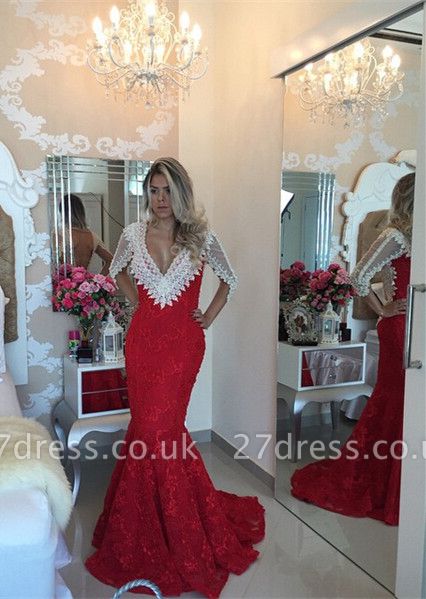 Modern V-neck Lace Mermaid Prom Dress UK Half Sleeve Zipper NB089