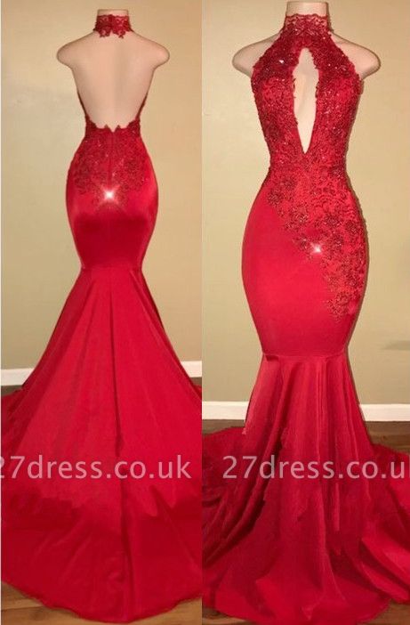 Elegant Halter Mermaid Prom Dress UK Long With Lace Appliques BA7768