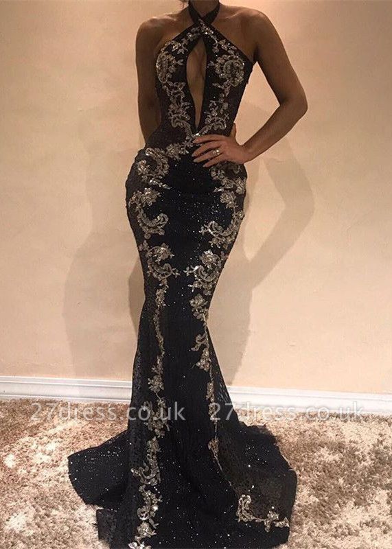 Gorgeous Halter Black Evening Dress UK | Mermaid Sequins Prom Dress UK With Appliques